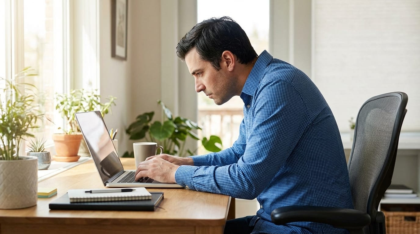 Man sitting hunched over laptop showing poor posture while working at desk