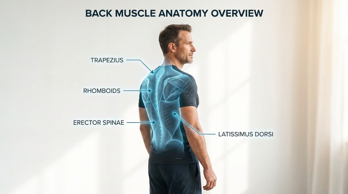 Illustration showing back muscle anatomy with labeled trapezius, rhomboids, erector spinae, and latissimus dorsi.
