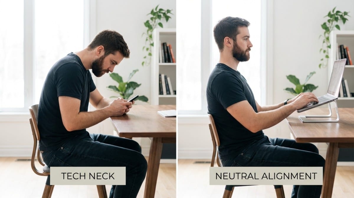Tech neck vs neutral posture comparison while using phone and laptop
