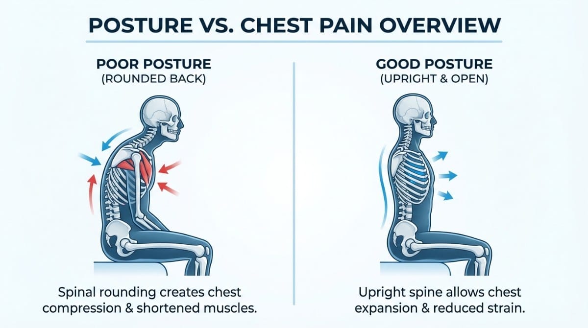 Infographic showing poor posture vs good posture and its effect on chest compression and breathing