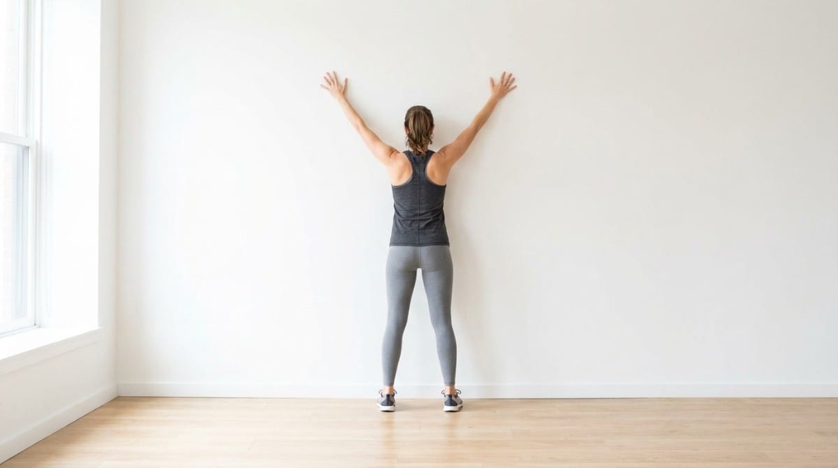 Woman standing against wall with arms raised to improve shoulder mobility and posture alignment