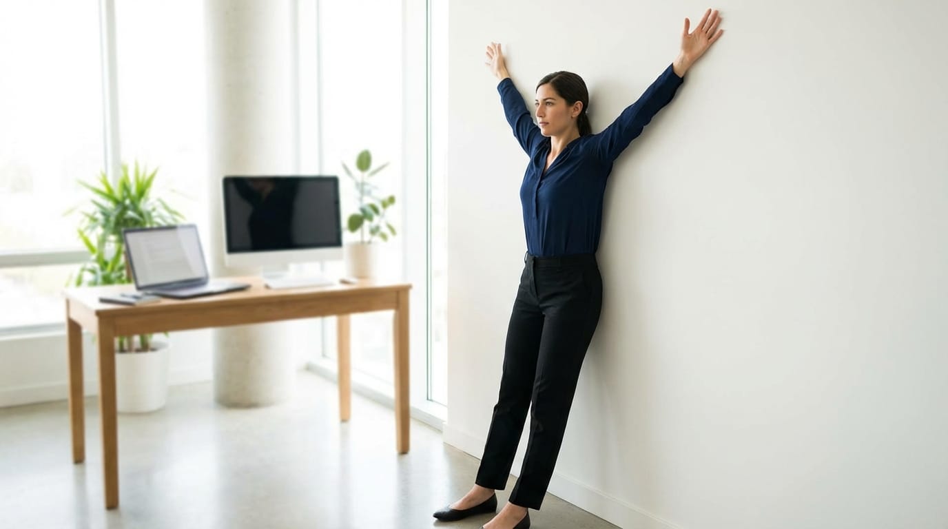 Woman standing against wall doing posture correction exercise in a bright workspace