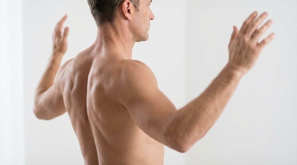 Man demonstrating shoulder mobility exercise focusing on upper back and posture correction