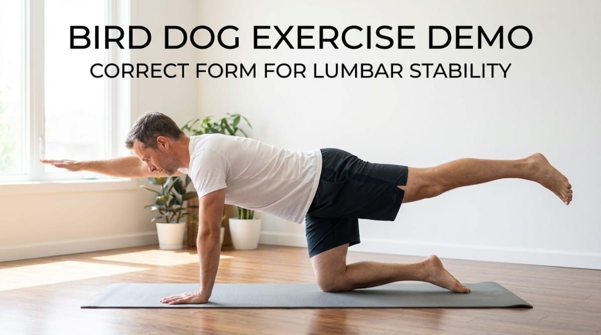 Man performing bird dog exercise with correct form for lumbar stability and core strengthening on a mat indoors.