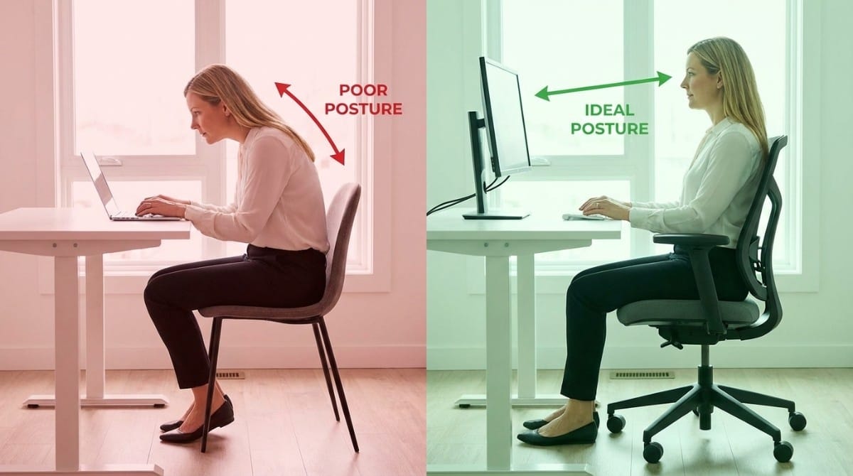 Side-by-side comparison of poor posture vs ideal ergonomic sitting position at desk workspace