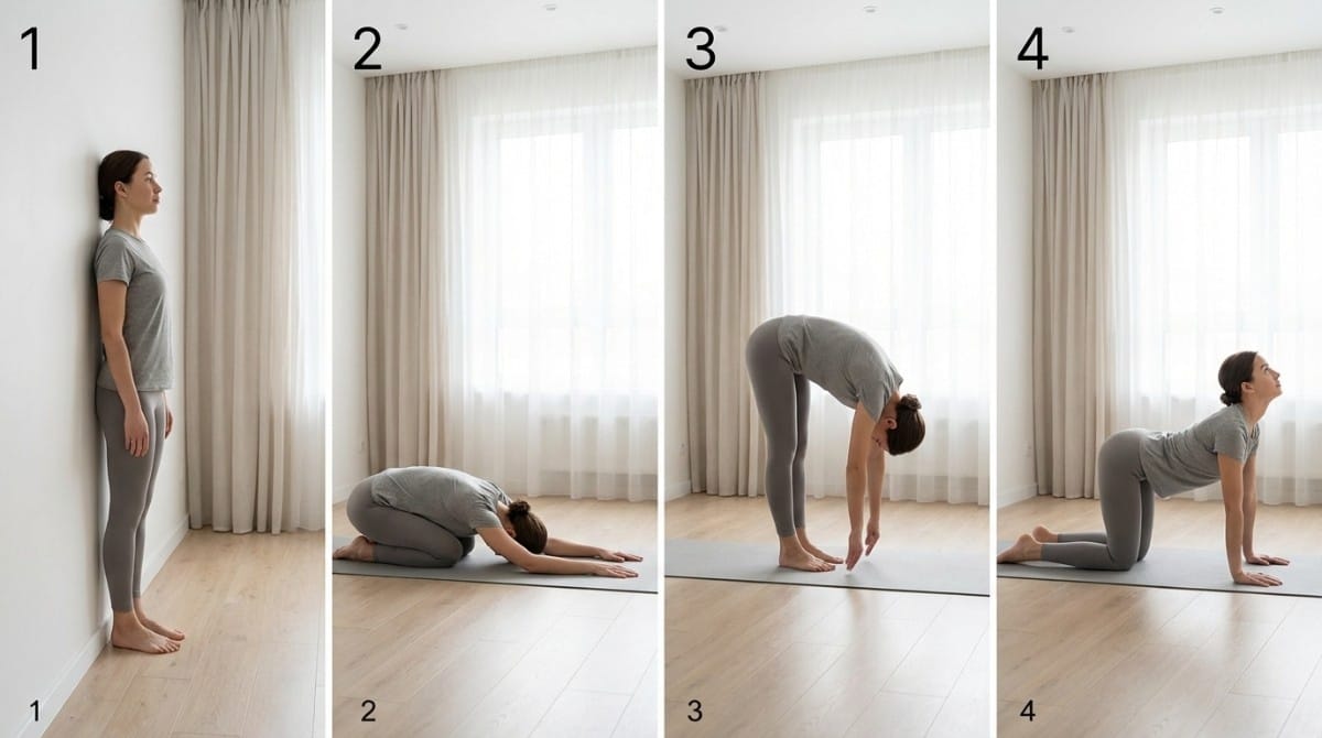 Step-by-step yoga sequence showing posture stretches including child’s pose and cat-cow