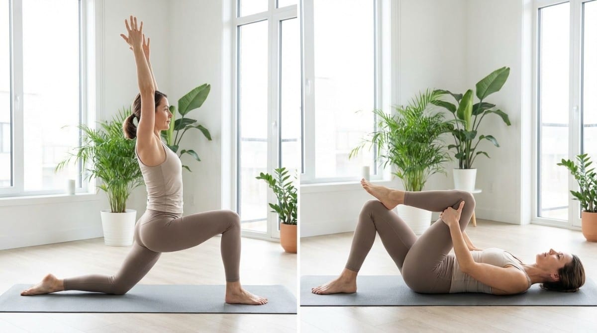 Woman performing hip flexor stretch and knee-to-chest stretch for back pain relief