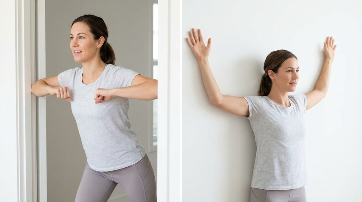 Woman performing chest opening and shoulder mobility exercises against wall for posture correction