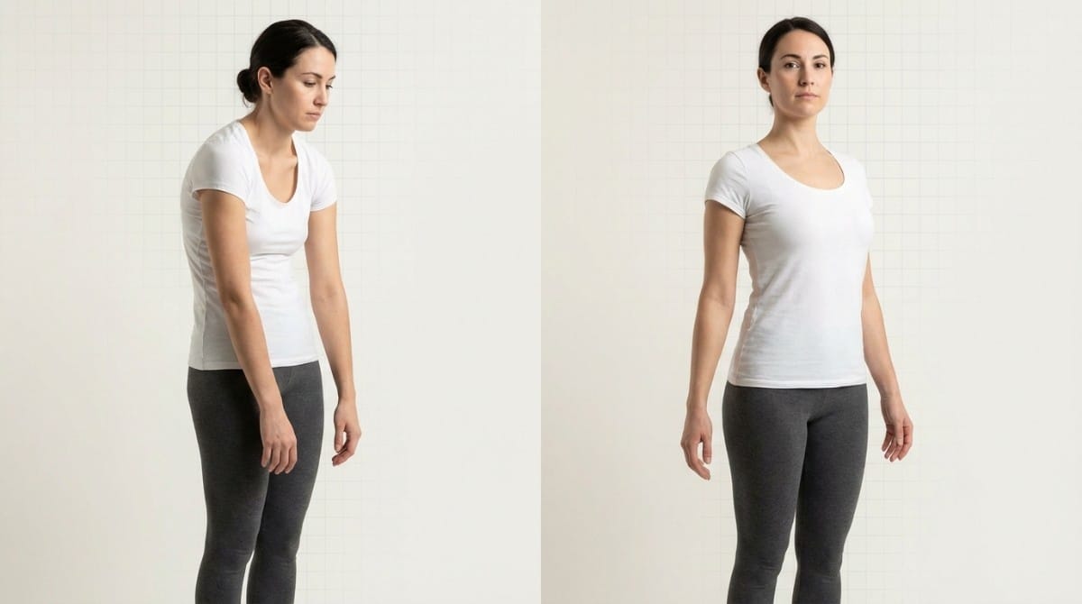 Before and after posture correction showing slouched vs straight standing posture