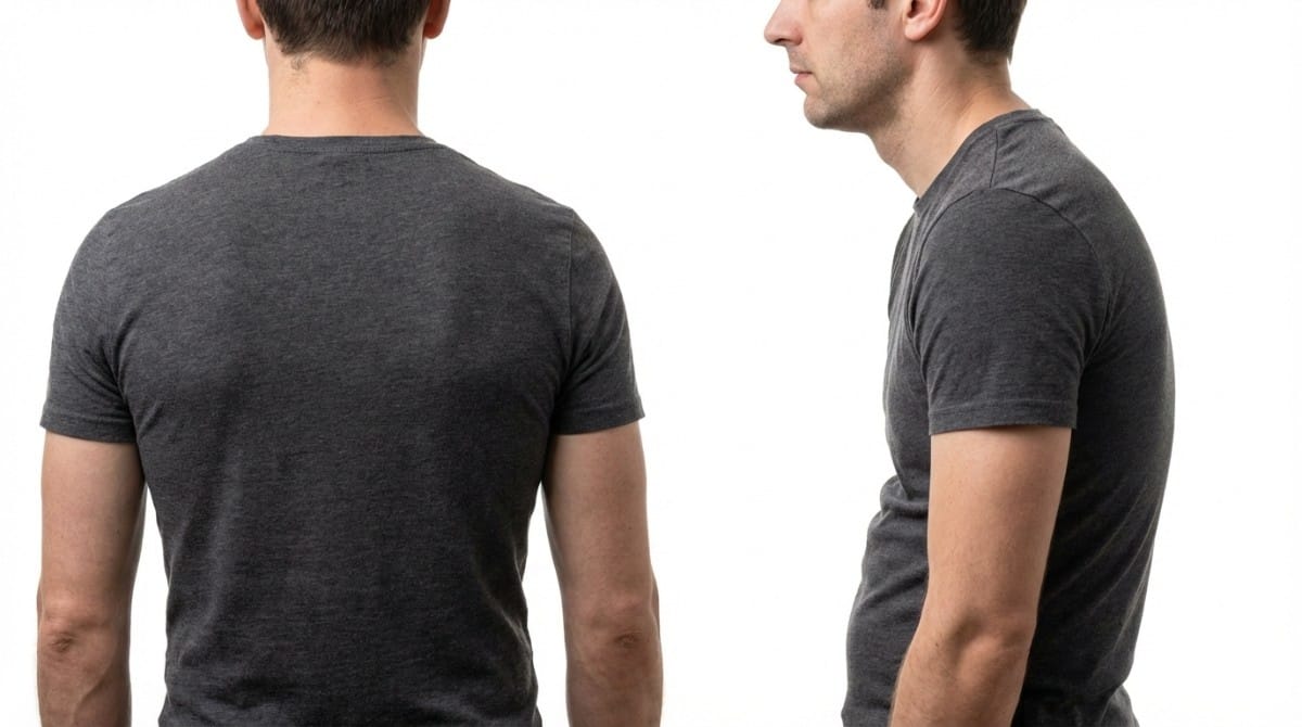 Back and side view showing rounded shoulders and forward head posture