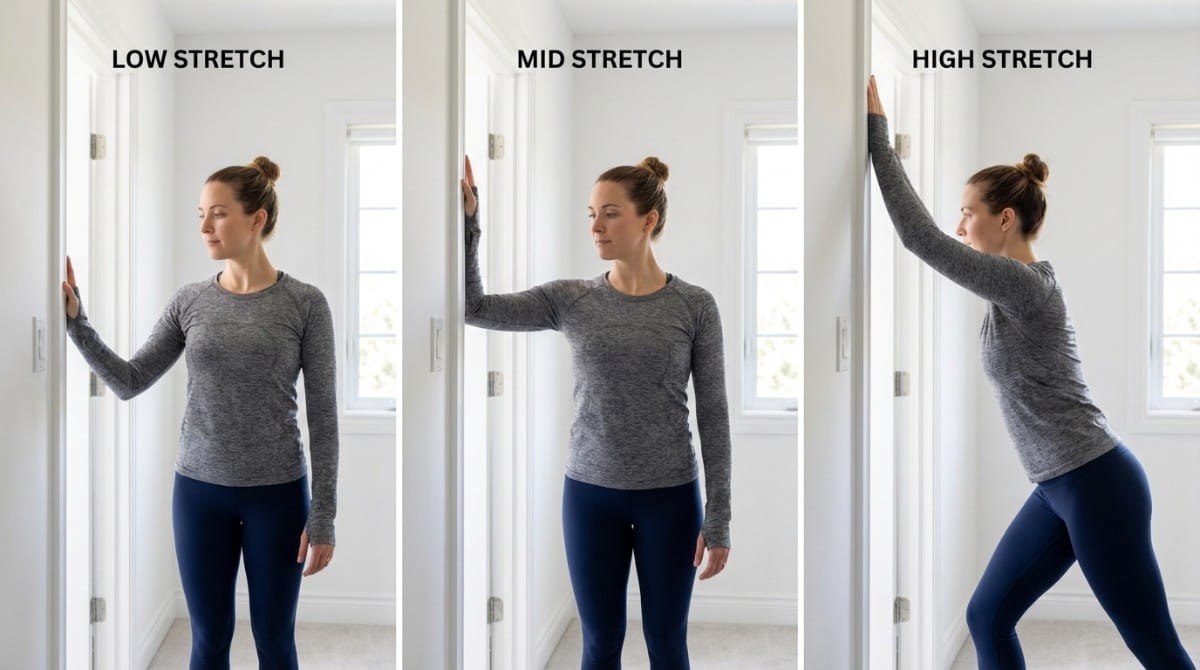 Doorway chest stretch demonstration with low, mid, and high stretch positions