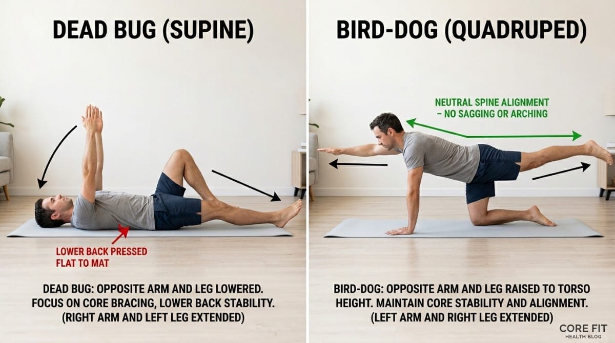 Demonstration of dead bug and bird-dog exercises showing proper form for core stability and lower back support