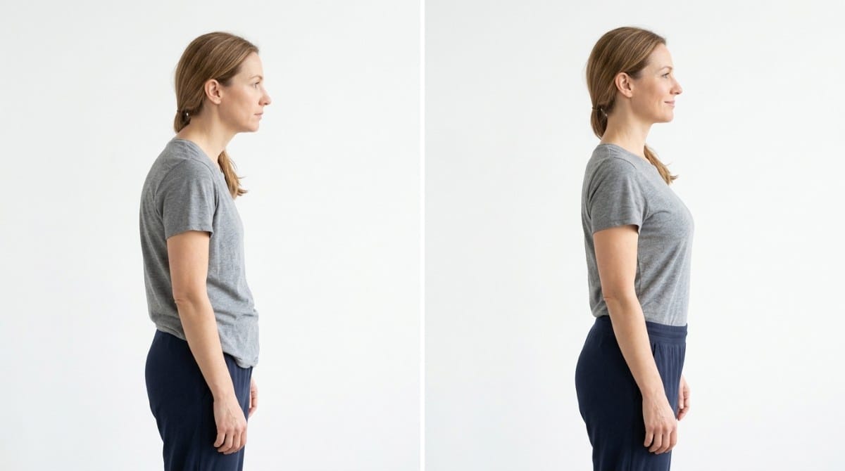 Side-by-side comparison of poor posture with rounded shoulders and improved upright posture alignment