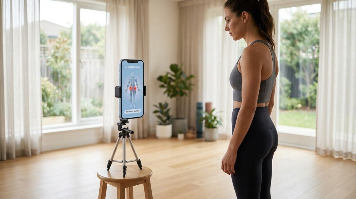 Woman standing indoors while a smartphone on tripod performs AI posture scan highlighting hip flexor pain areas.