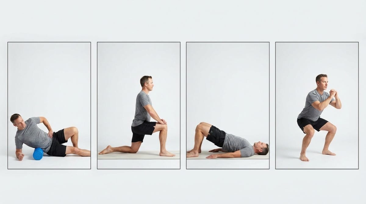 Four-step hip flexor recovery exercises including foam rolling, lunges, glute bridge, and bodyweight squat.