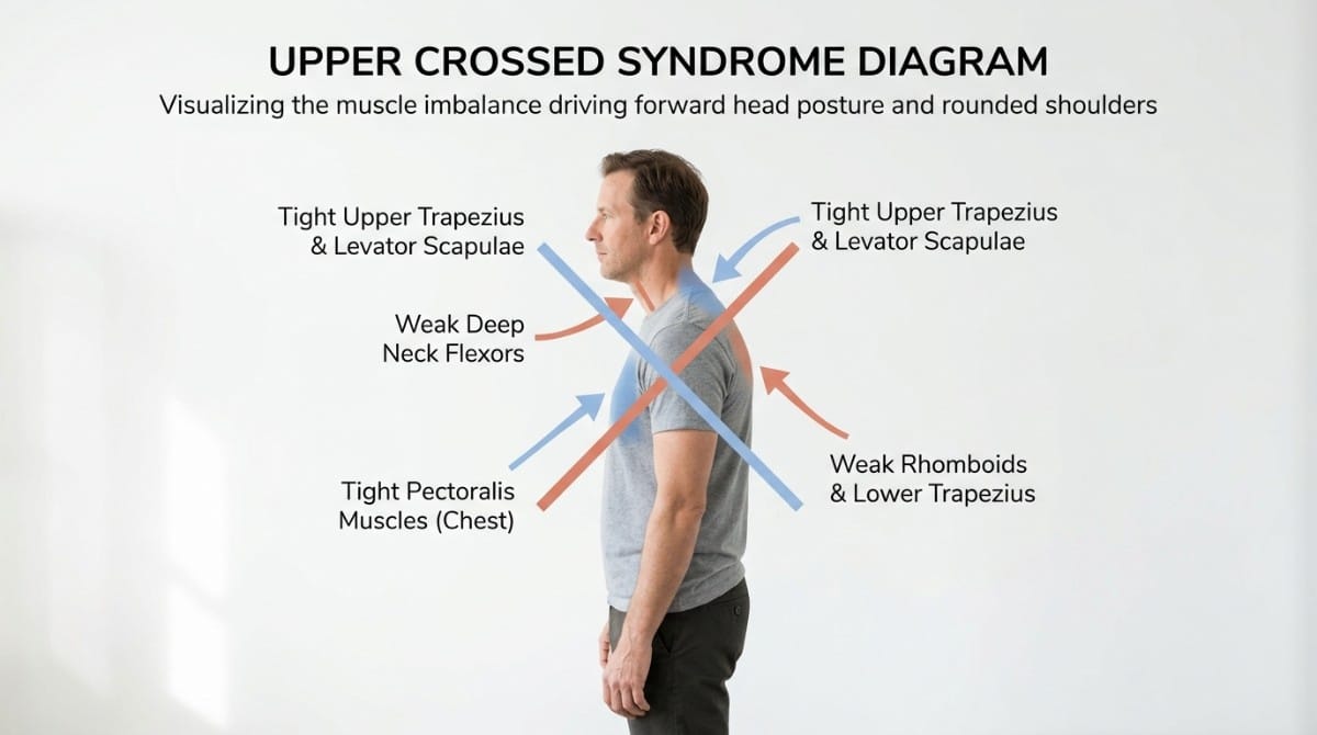 Diagram explaining upper crossed syndrome showing tight chest and upper traps with weak deep neck flexors and rhomboids
