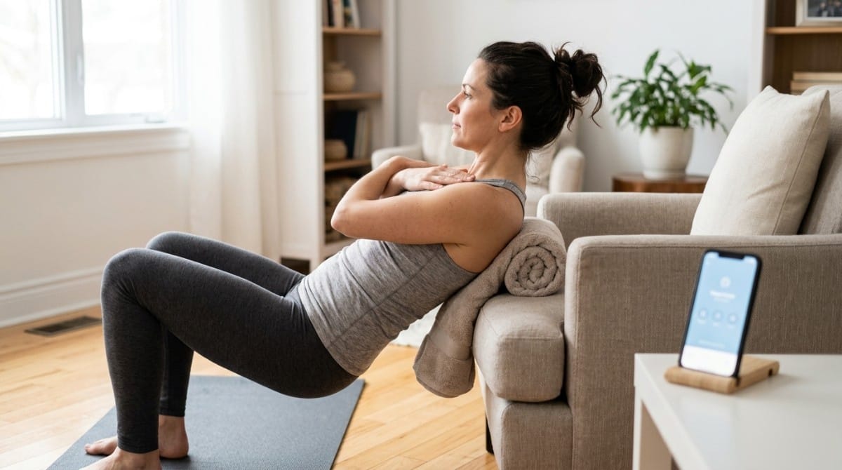 Woman performing a supported bridge exercise with upper back elevated on a couch to improve posture and core stability