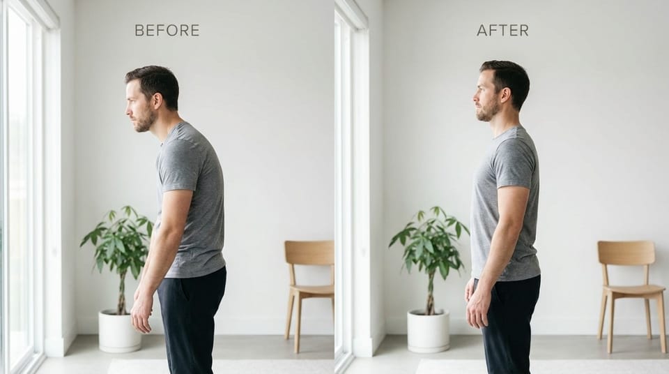 Before and after posture comparison showing hunched vs upright standing posture